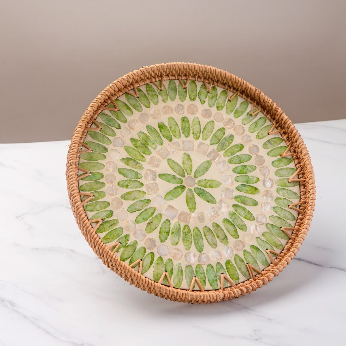 Elegant Rattan Tray with Mother of Pearl Inlay Luxury Natural Decor