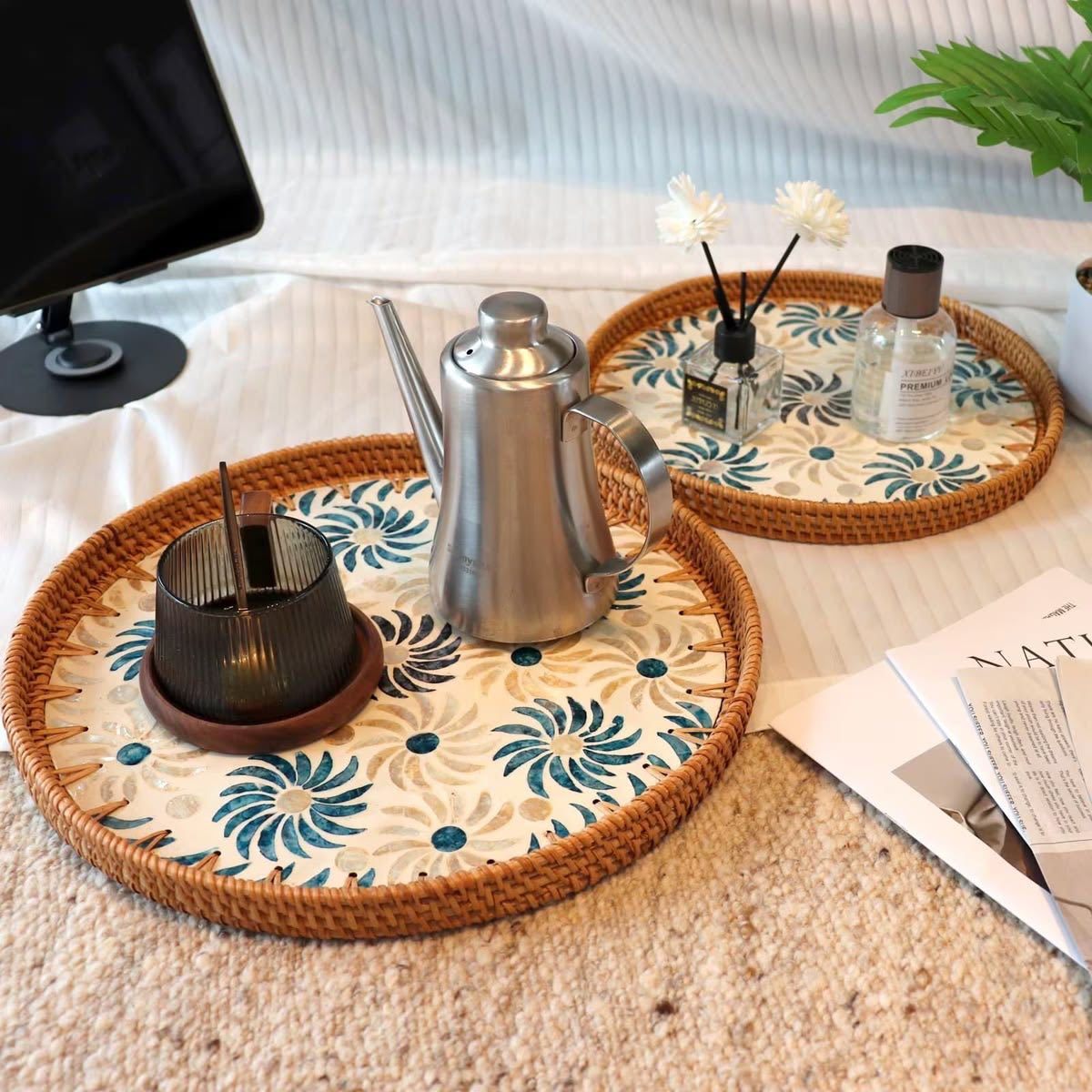 Elegant Rattan Tray with Mother of Pearl Inlay Luxury Natural Decor