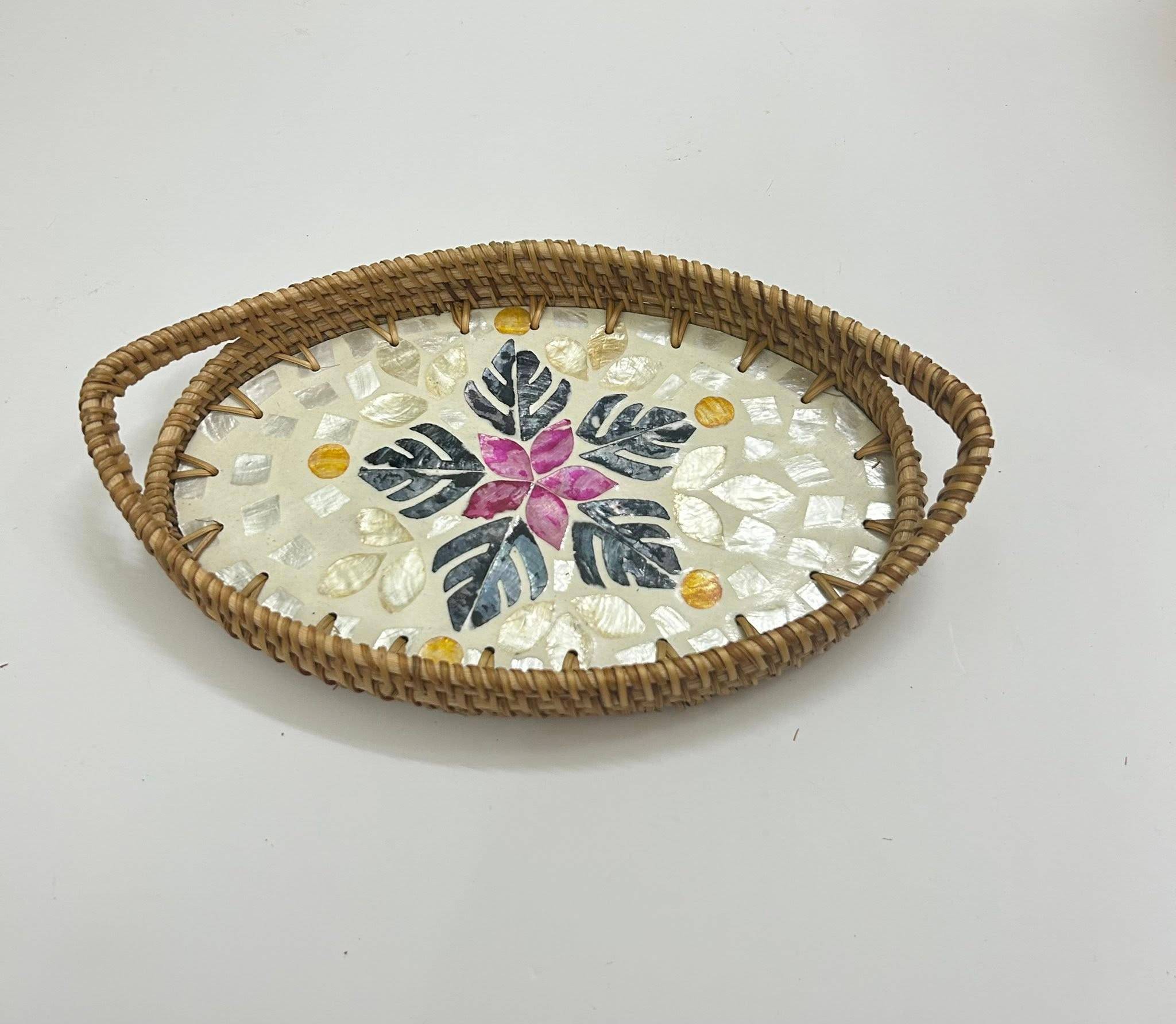 Rattan Tray with Mother of Pearl Inlay Elegant Natural Décor for Modern Living