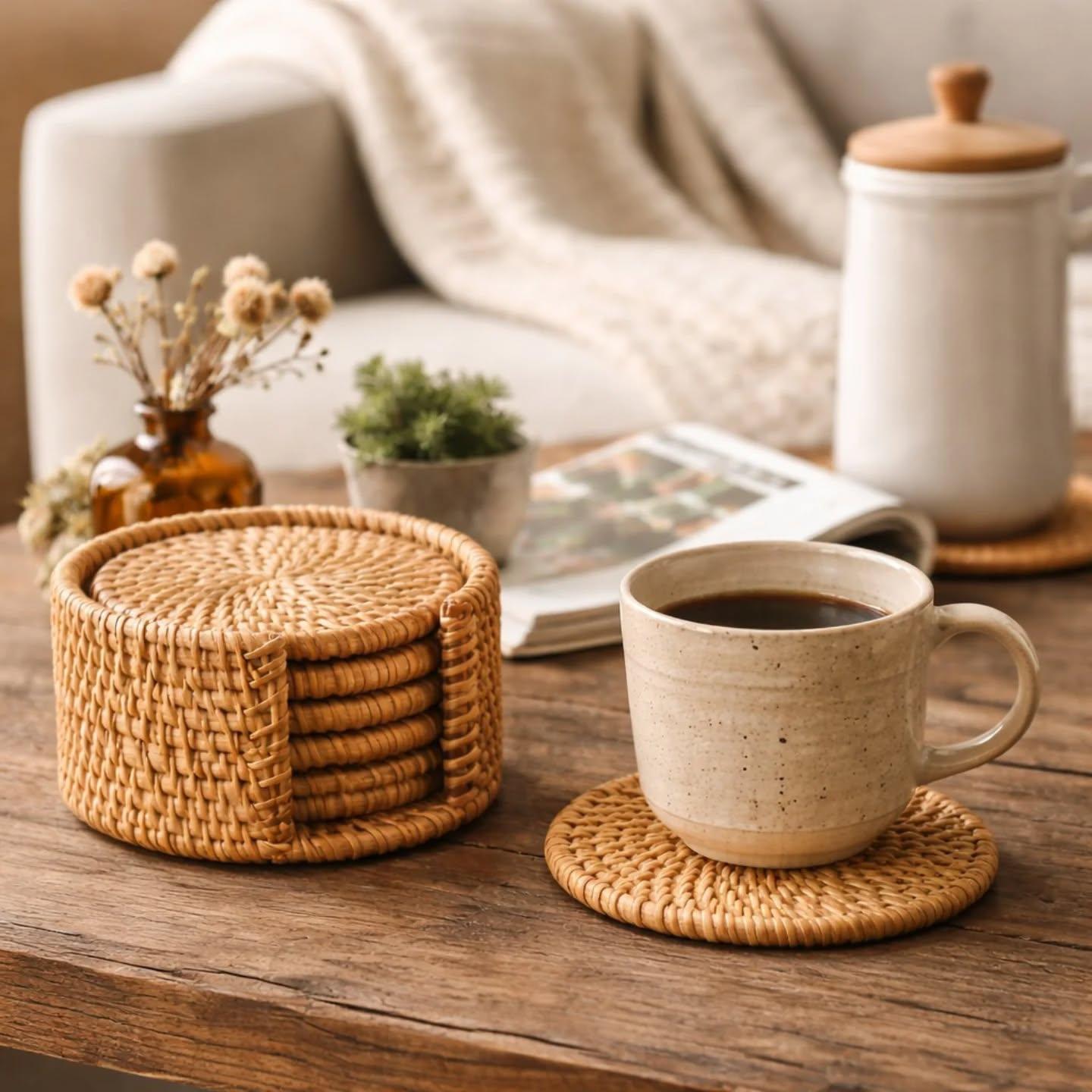 Handwoven Rattan Coaster Set for Sustainable Home & Lifestyle Markets