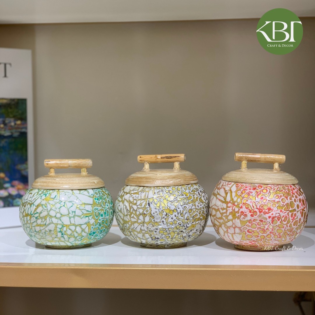 Bamboo Jar with Mother of Pearl Inlay and Convenient Lid for Elegant Living