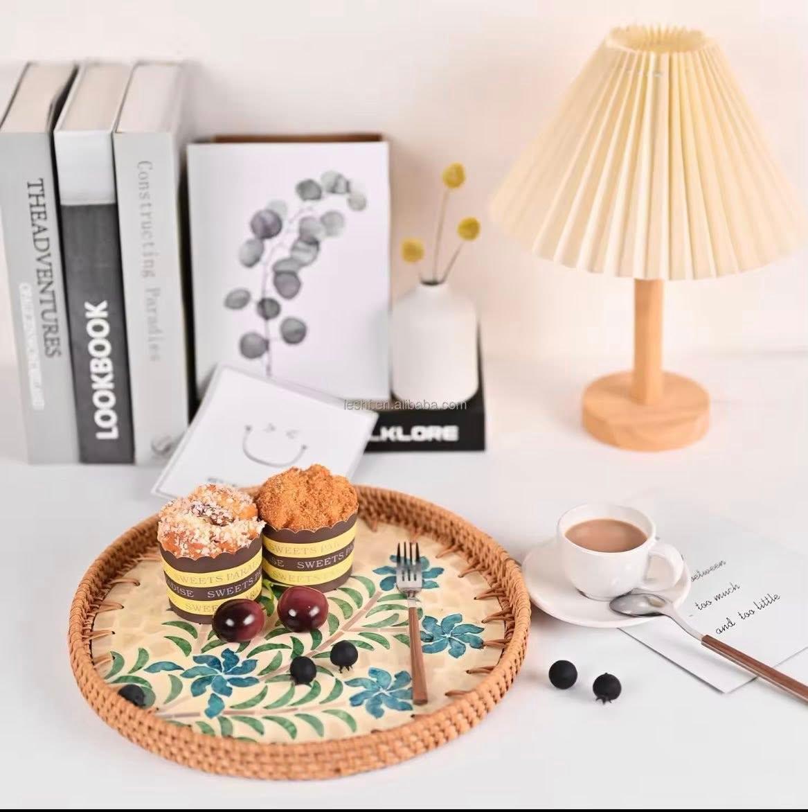 Rattan Tray with Mother of Pearl Inlay Elegant Natural Décor for Modern Living